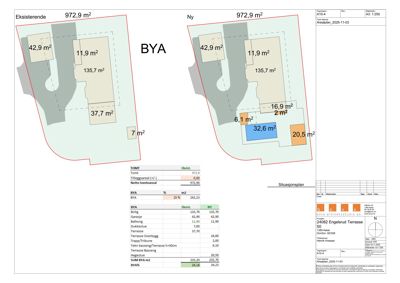 Situasjonsplan som viser eksisterende og ny bygning med arealoppdelinger og tabell over tomte- og byggeareal.