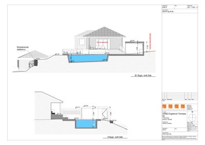 Snittegning (B1 og A) som viser tverrsnitt gjennom bygningen, terrassedør, støtemur og grunnforhold.
