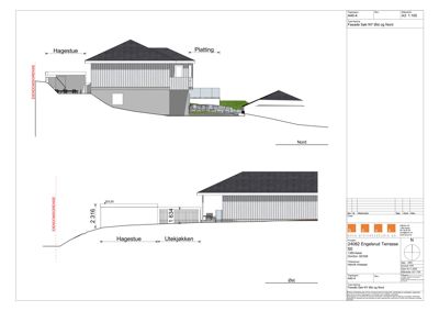 Fasadetegning som viser bygningens utseende sett fra øst og nord, med mål og orientering.