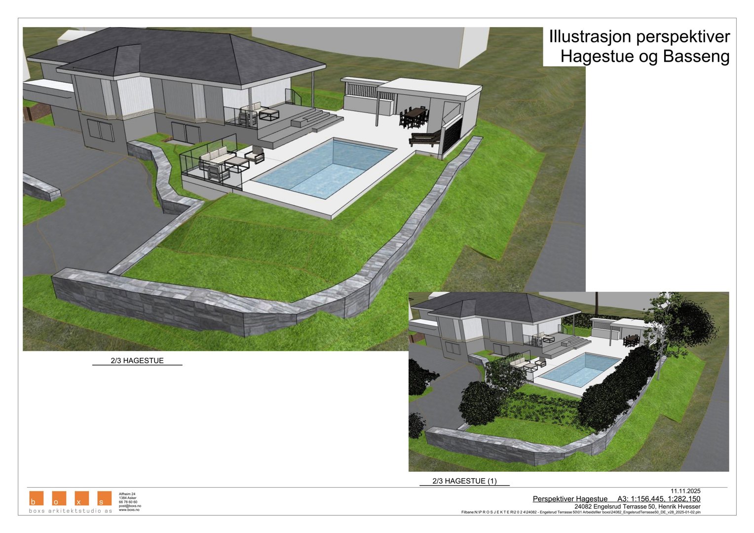 3D-visualisering (rendering) av et hus med hage og basseng.