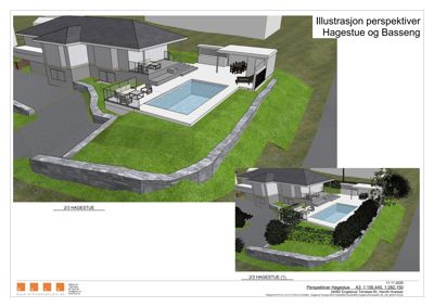 3D-visualisering (rendering) av et hus med hage og basseng.