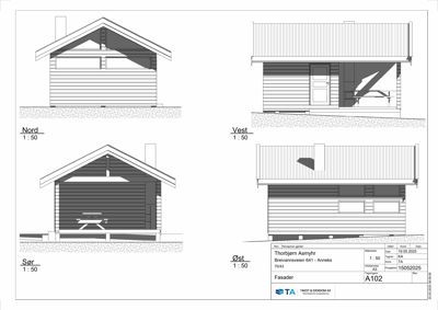 Fasadetegning som viser bygningens utseende fra alle fire sider (Nord, Sør, Øst, Vest) med detaljer om tak, vinduer og materialer.