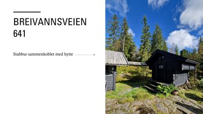 Fotografi av en svart stavhytte og et tilhørende stabbur i en skogskant.