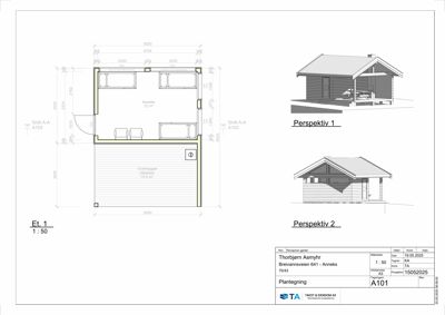 Etasjeplan (Et. 1) med romfordeling, dimensjoner og to perspektivtegninger av bygningen.