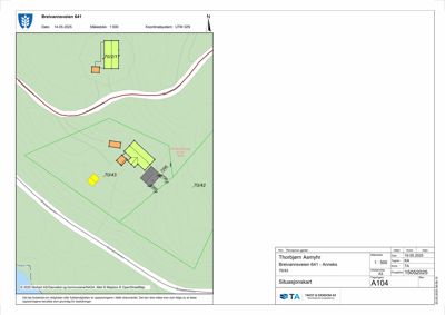Situasjonskart som viser tomtens beliggenhet, grenser, høydeforhold og plassering av bygninger.