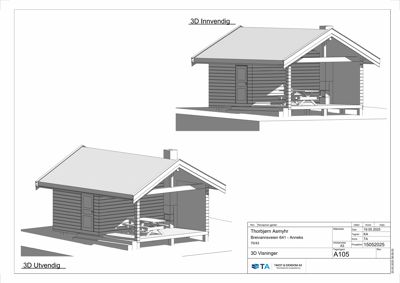 3D-visning (rendering) av en hytte, både innvendig og utvendig.