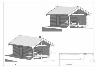 3D-visning (rendering) av en hytte, både innvendig og utvendig.