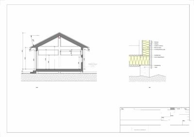 Snittegning (Snitt A-A) som viser bygningens tverrsnitt, høyder og konstruksjon, samt en detaljtegning av søyle.