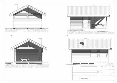 Fasadetegning som viser bygningens utseende fra alle fire sider (Nord, Sør, Øst, Vest) med detaljer om tak, vinduer og materialer.