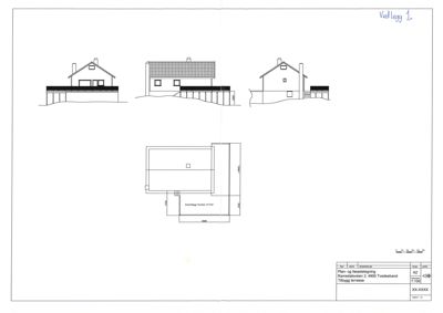 Fasadetegning med tre utsnitt av bygningen sett fra ulike vinkler, samt en planutsnitt (topplan) under.