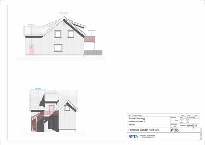 Fasadetegning som viser bygningens utseende fra nord-vest med merking av endringer.
