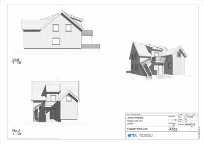 Fasadetegning som viser bygningens utseende fra nord og vest.