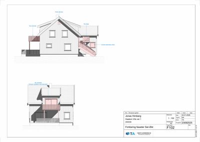 Fasadetegning som viser oppriss av bygningens ytre side med detaljer om vinduer, veranda og trapp.