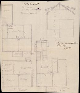 En håndtegnet etasjeplan (1. etasje) og et snitt av et byggeprosjekt, med rombetegnelser som 'Kjøkken', 'Vedbod' og 'Lott'.
