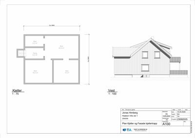 Etasjeplan for kjelleren med romfordeling og fasadeopprikk for vestfasaden.