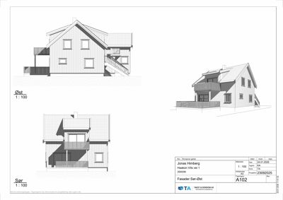 Fasadetegning som viser bygningens utseende fra tre ulike vinkler (Øst, Sør og en tredje vinkel).