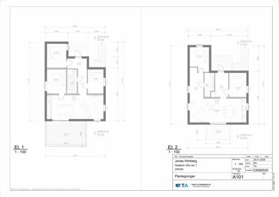 Plantegning som viser romfordeling og dimensjoner for etasjene 1 og 2 i en bolig.