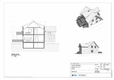 Tegning som viser et tverrsnitt (Snitt A-A) gjennom en villa, inkludert romfordeling, høyder og fasadeutsnitt. Til høyre er det også en 3D-visualisering av bygningen.