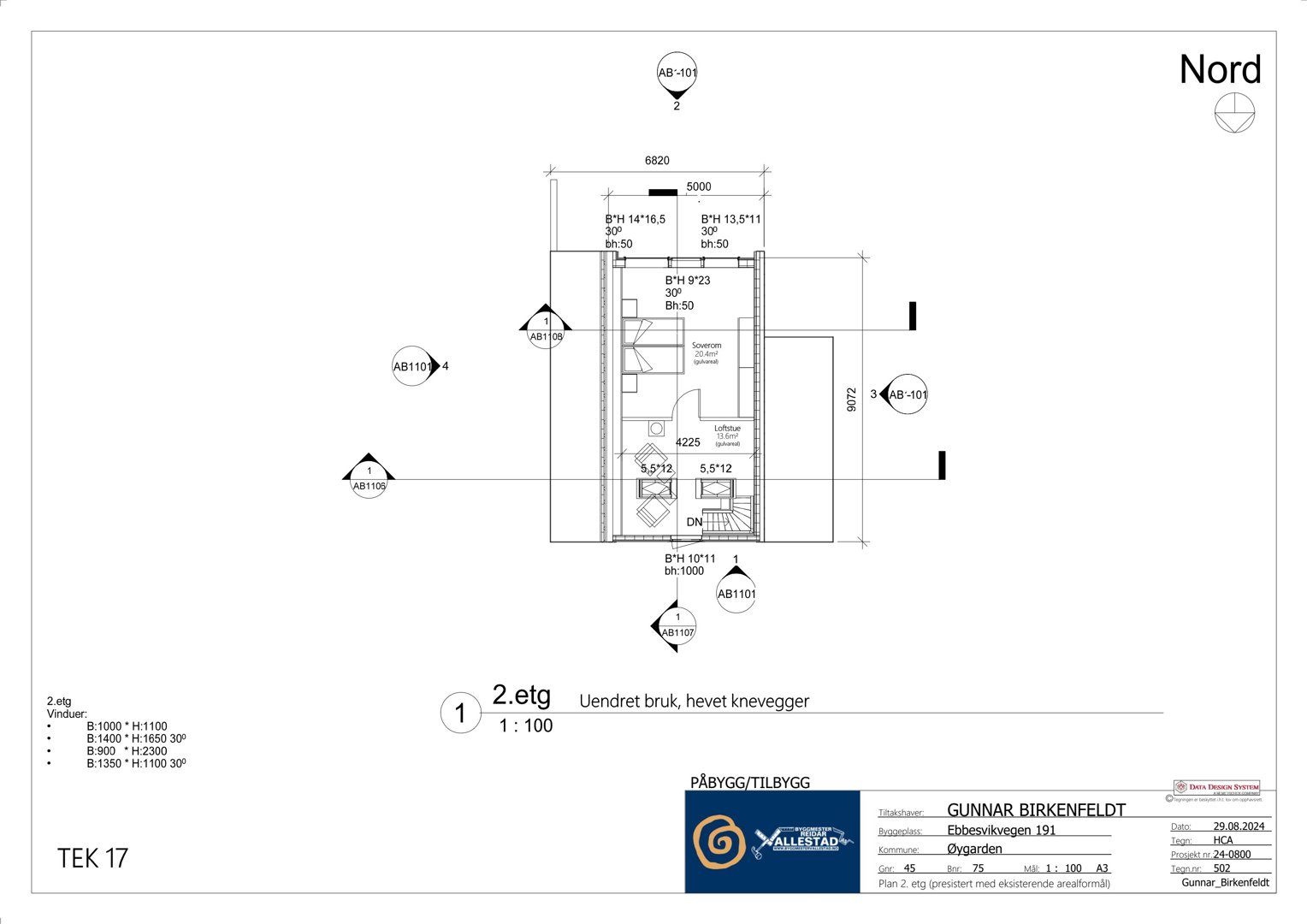 Etasjeplan for 2. etasje (2.etg) som viser romfordeling, dimensjoner og vindusposisjonering.