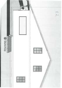 3D-visualisering (rendering) av en bygning sett fra siden, med etasjeplaner og fasadeelementer synlige.