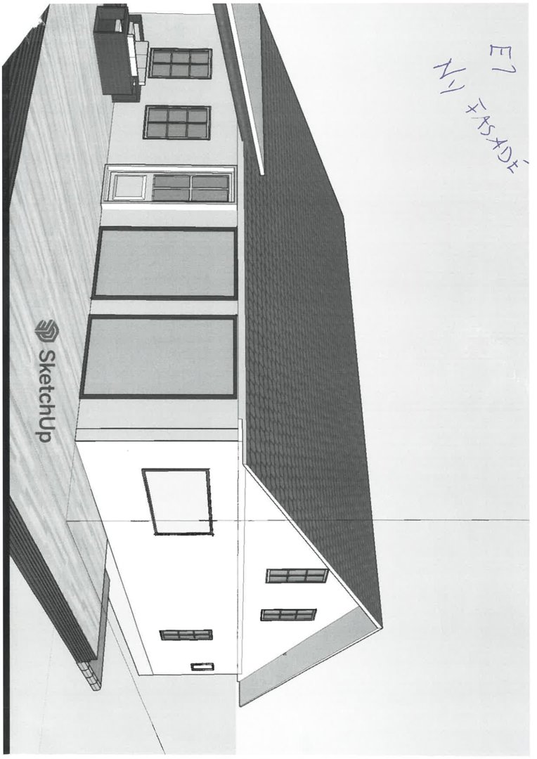 3D-visualisering (rendering) av en fasade med skrivebordstegning 'NY FASADE' og SketchUp-logo.