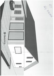 3D-visualisering (rendering) av en fasade med skrivebordstegning 'NY FASADE' og SketchUp-logo.