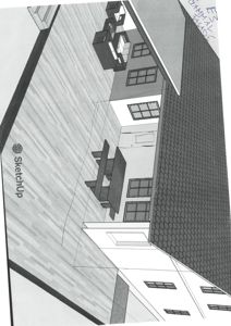 En 3D-visualisering (rendering) av en bygning sett fra en vinkel som viser både fasade og deler av innsiden.