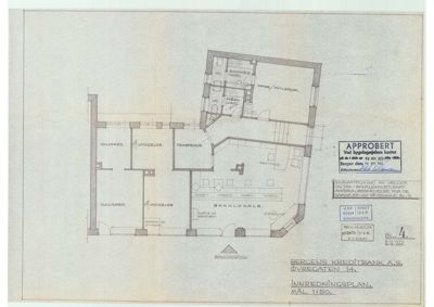 Innredningsplan for Bergens Kreditbank A/S på Øvre gate 14, som viser romfordeling og møblering.