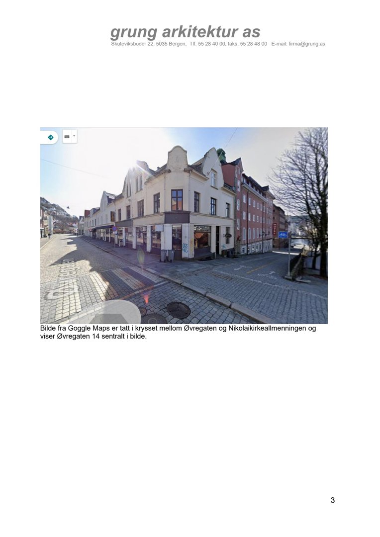 Fotografi av en bygning (Øvregaten 14) tatt fra Google Maps, inkludert tekstbeskrivelse og arkitektfirmaets logo.