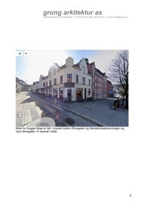 Fotografi av en bygning (Øvregaten 14) tatt fra Google Maps, inkludert tekstbeskrivelse og arkitektfirmaets logo.