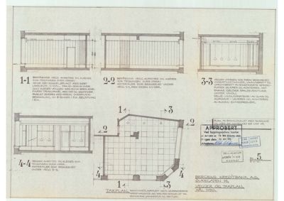 Tegning med detaljerte oppriss av vinduer og dører, samt tekster om materialvalg og konstruksjonsdetaljer.