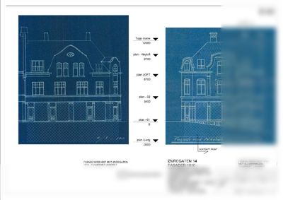Fasadetegning som viser bygningens utseende fra nord-øst og nord-vest, med høydeangivelser for ulike etasjer.