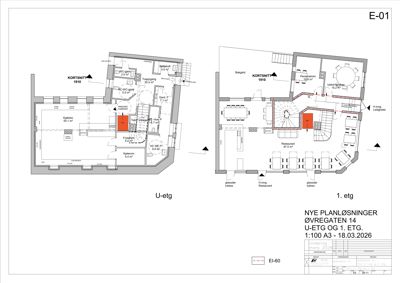 Plantegning som viser romfordeling og arealer for U-etasje og 1. etasje.