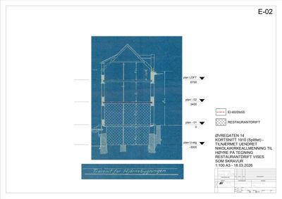 Kortsnitt (E-02) av bygningen Øvregaten 14, som viser høyder for ulike plan (LOFT, 02, 01, U-etg) og konstruksjonsdetaljer.