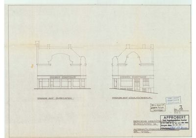 Tegning som viser fasadeopprikk for to bygninger (Bergens Kredit og Døregaten Hl) sett fra gaten.