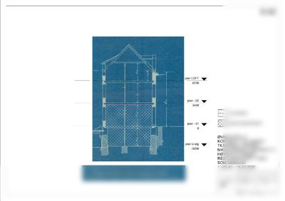 Kortsnitt (E-02) av bygningen Øvregaten 14, som viser høyder for ulike plan (LOFT, 02, 01, U-etg) og konstruksjonsdetaljer.