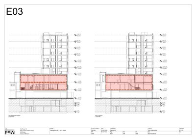 Snittegning som viser bygningens tverrsnitt med romfordeling, høydemål og konstruksjonsdetaljer.