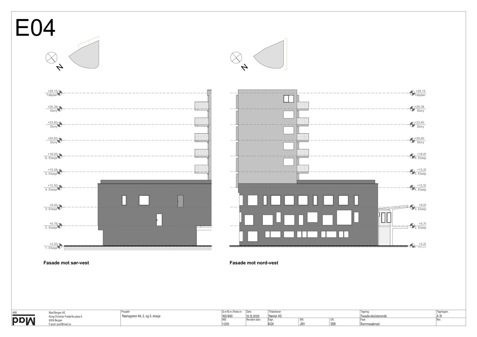 Fasadetegning som viser bygningens utseende fra sør-vest og nord-vest, med høydeangivelser og romfordeling.