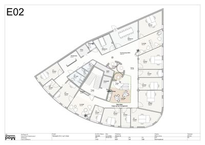 Etasjeplan (E02) som viser romfordeling, arealer og funksjoner i et kontorbygg.