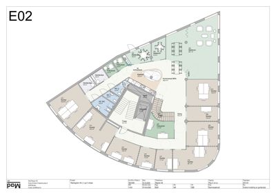 Etasjeplan (E02) som viser romfordeling, arealer og funksjoner i et kontorbygg.