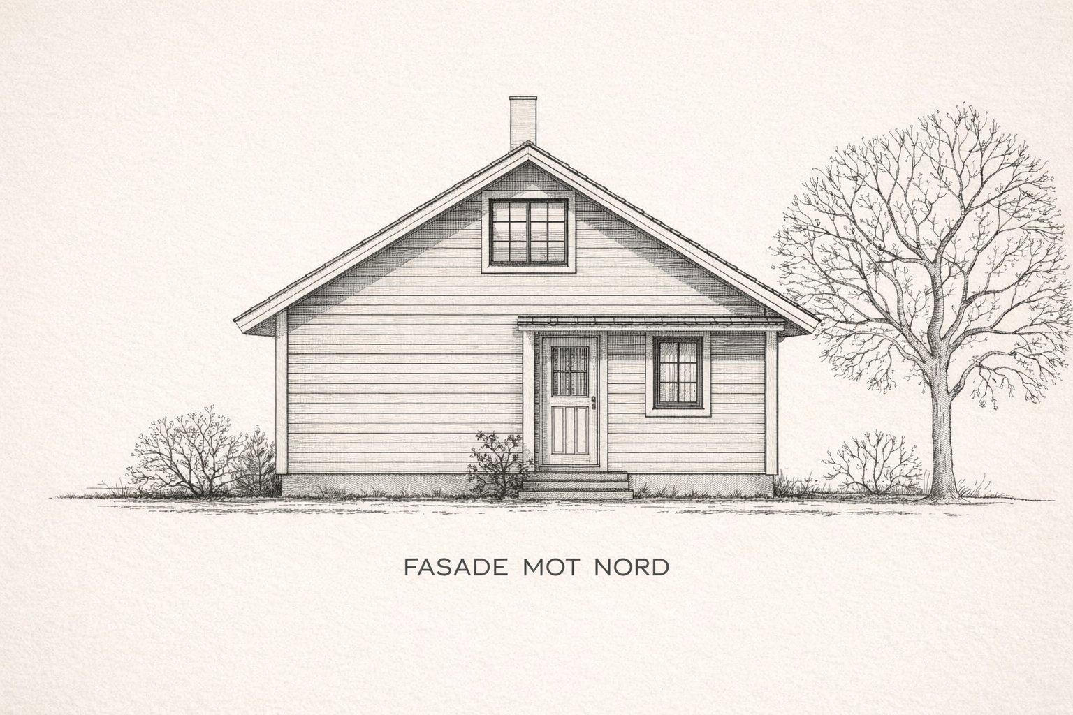 En tegning som viser fasaden mot nord på en enetasjes bolig, inkludert vinduer, dør, tak og omgivende vegetasjon.