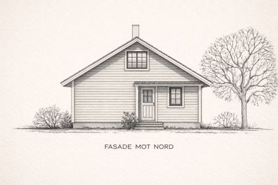 En tegning som viser fasaden mot nord på en enetasjes bolig, inkludert vinduer, dør, tak og omgivende vegetasjon.