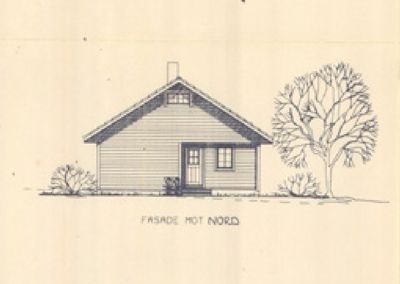 Tegning av fasade mot nord for en liten hytte eller hus, med tekst 'FASADE MOT NORD' under.