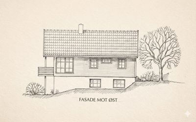 En tegning som viser fasaden mot øst på en toetasjes bolig, inkludert vinduer, balkong, tak og terreng.