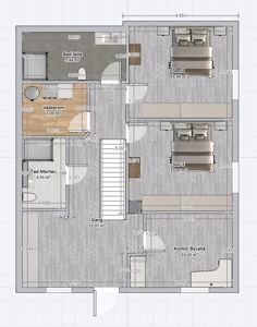 Etasjeplan med romfordeling, dimensjoner og møblering for et hus med to soverom, bad, vaskerom og kontor.