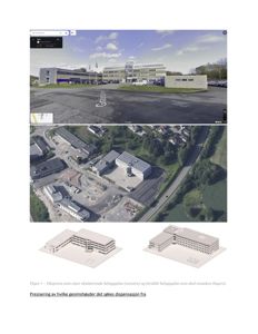 Bildet viser en collage med to bilder: øverst et Street View-bilde fra Google Maps, og nederst et flyfoto. Begge viser eksisterende bygninger og omgivelser.