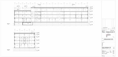 Snittegning som viser tverrsnittet av bygningen gjennom flere etasjer.