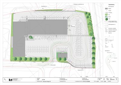 Situasjonsplan som viser tomtens form, bygningens plassering, vegforhold, beplantning og eksisterende vegger.
