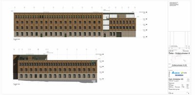 Fasadetegning av en bygning sett fra nord og vest, med høydeangivelser og vindusoppsett.