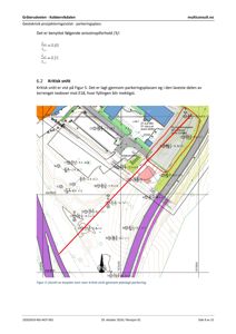 Situasjonsplan som viser terrengform, parkeringsplass og kritisk snittlinje.
